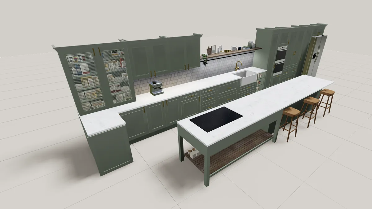 Kitchen design with green cabinets and an island in Arcadium