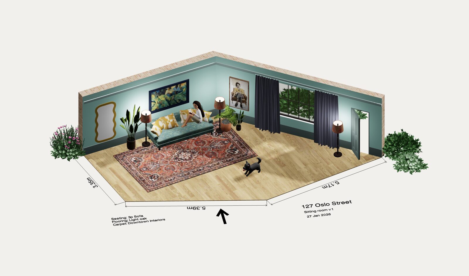 Gratis 3D-romdesigner som viser en møblert stue i dukkehusvisning med veggmål