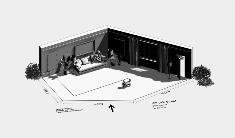 Romplan i monokrom visning som viser møbelplassering og gulvplass