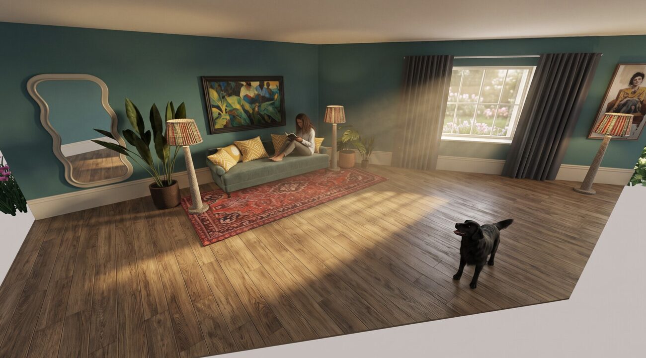 3D-romdesign sett fra innsiden av rommet, med møbler, gulv og dagslys
