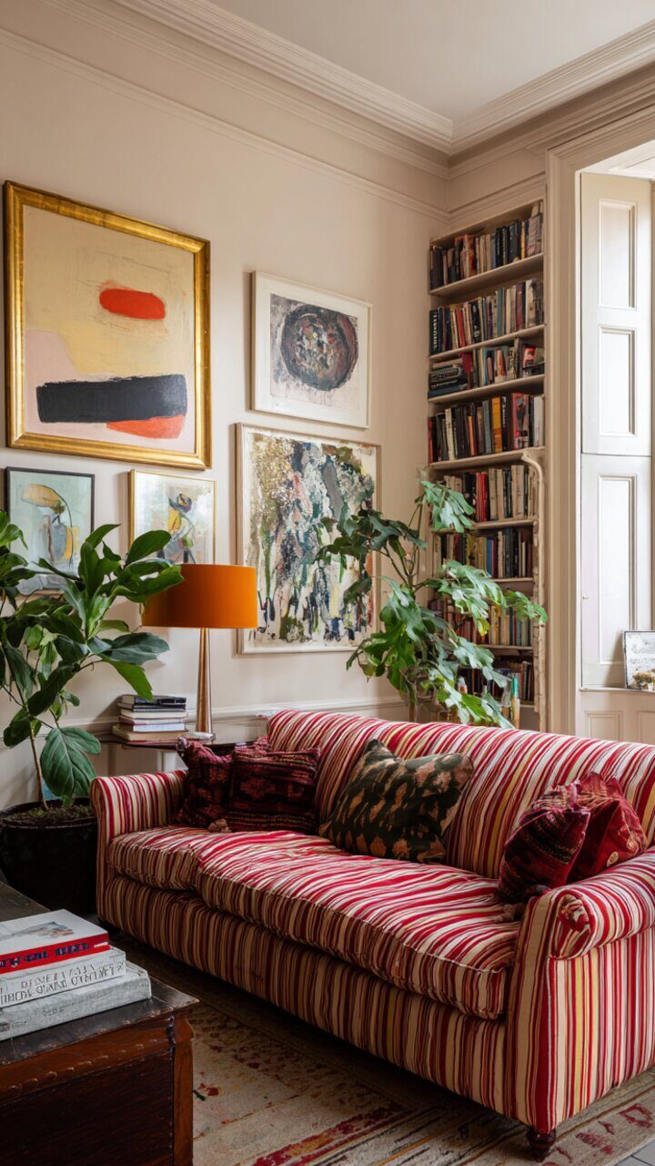Stuedesignidé med stripete sofa, bildevegg og innebygde bokhyller