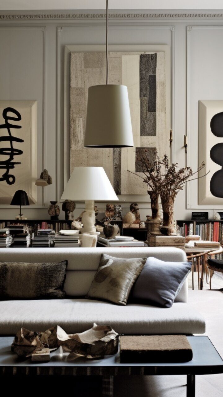 Nøytral stuedesign med taklampe, store kunstverk og lave sittemøbler