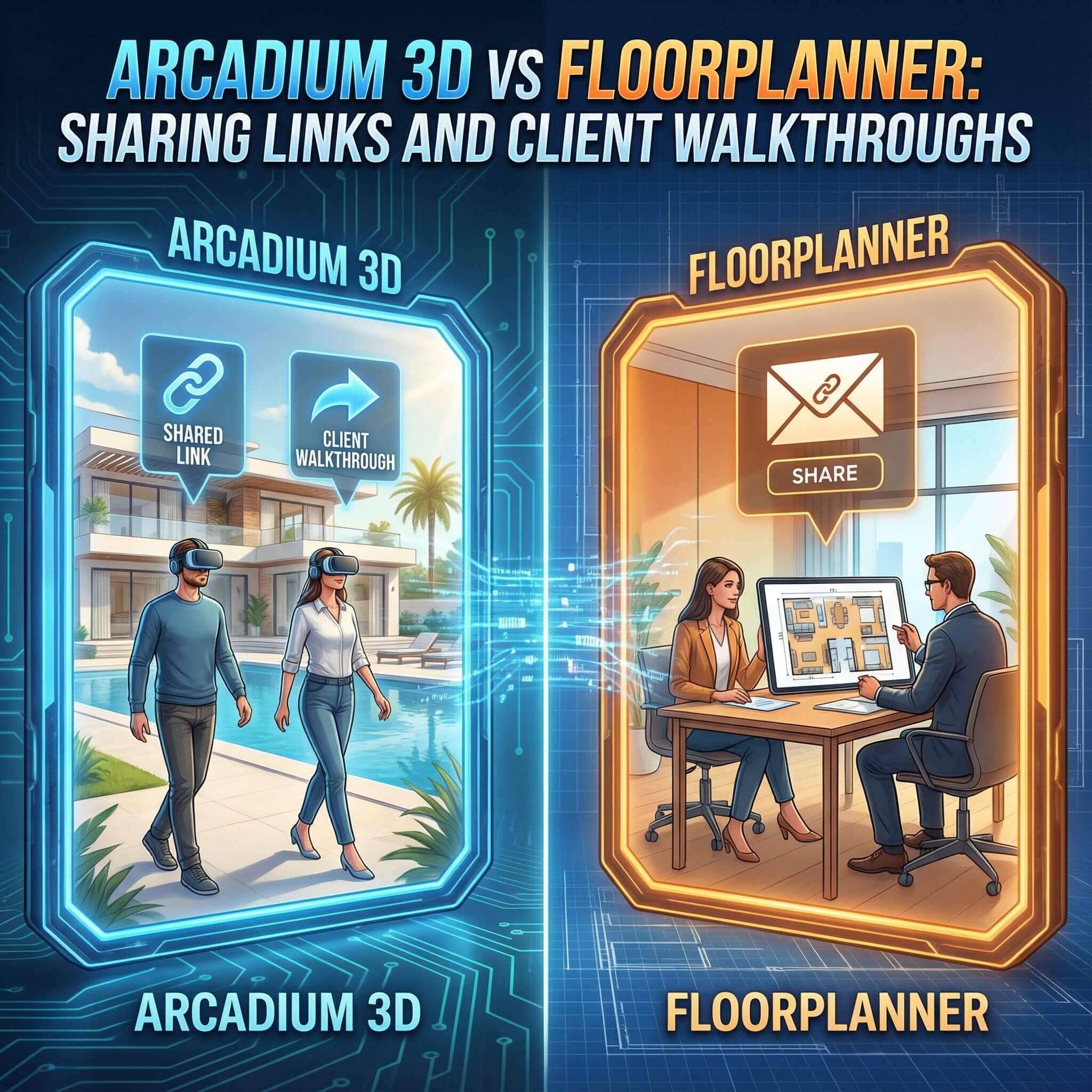 Arcadium 3D vs Floorplanner: Sharing Links and Client Walkthroughs